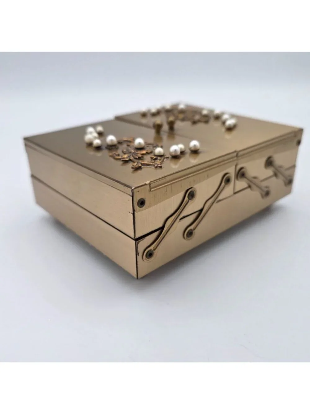 Vintage Gold-Tone Jewelry Box Pearl Embellishments & Velvet Inner Compartments